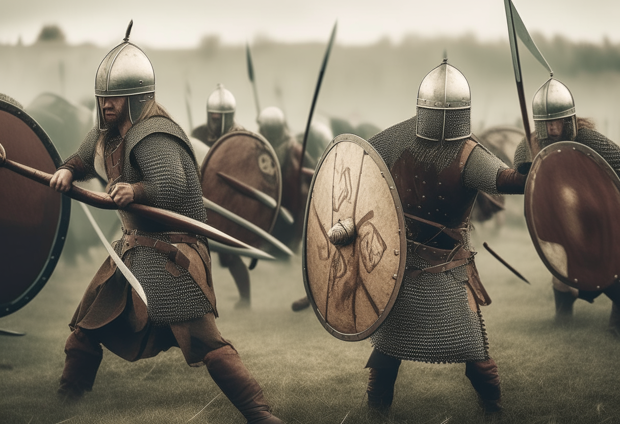 Celtic warriors with swords, shields and spears in battle