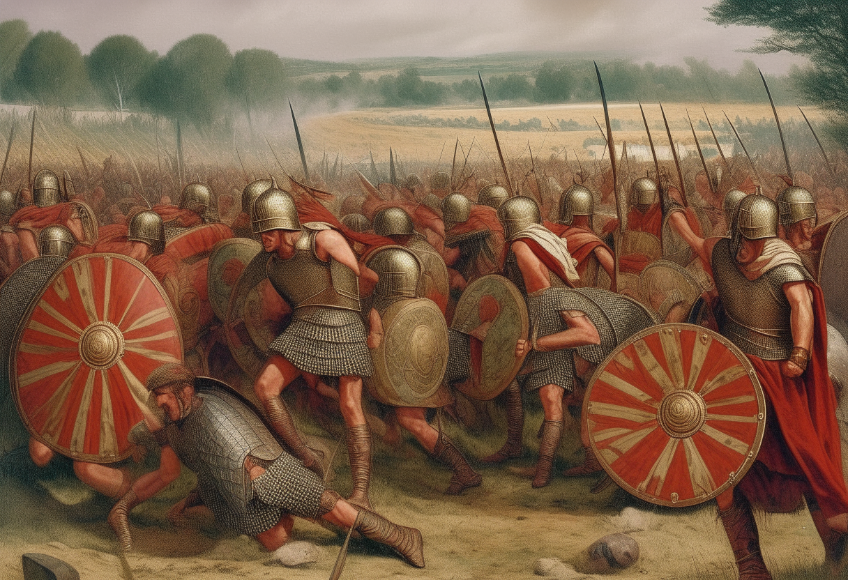 Roman soldiers defeating Celtic warriors and taking over their lands