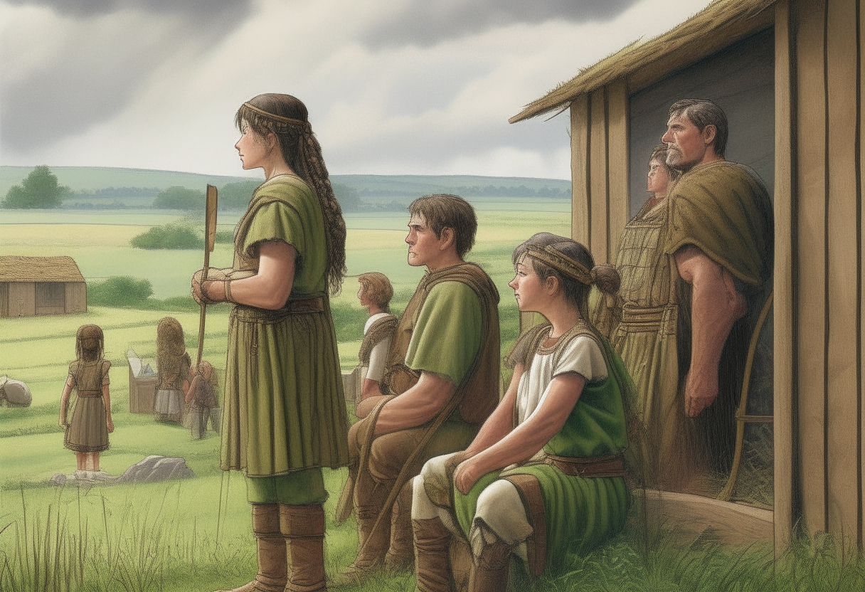 A Celtic family watching Roman soldiers approach their home