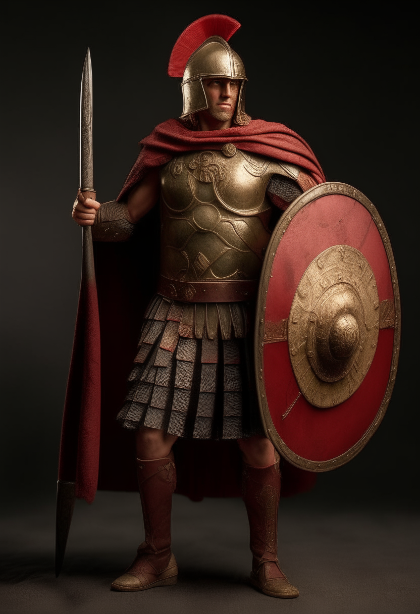 A Roman general wearing armor and red cape, holding a sword and shield