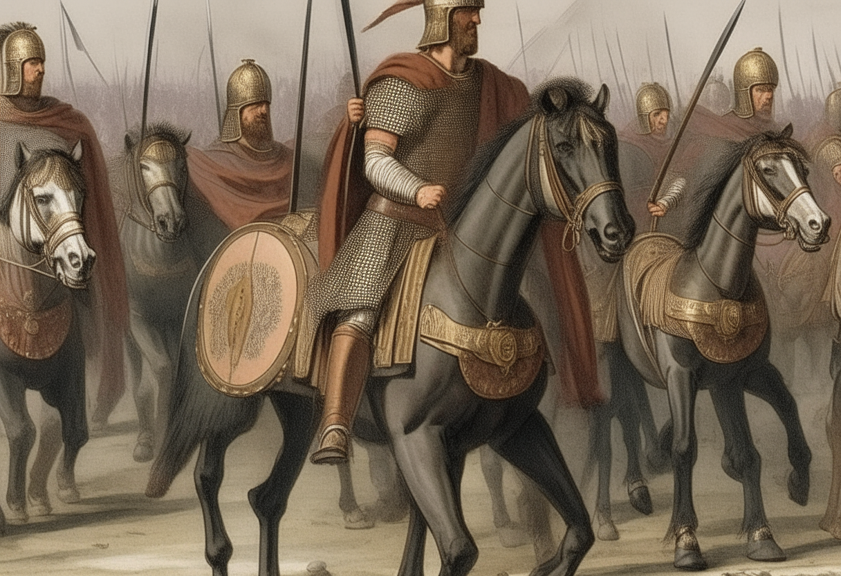 General Gaius Suetonius Paulinus wearing Roman armor and cape, leading soldiers on horses carrying spears and shields into battle
