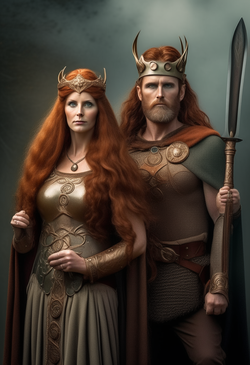 Boudica the Celtic warrior queen with her husband king Prasutagus wearing crowns, standing together