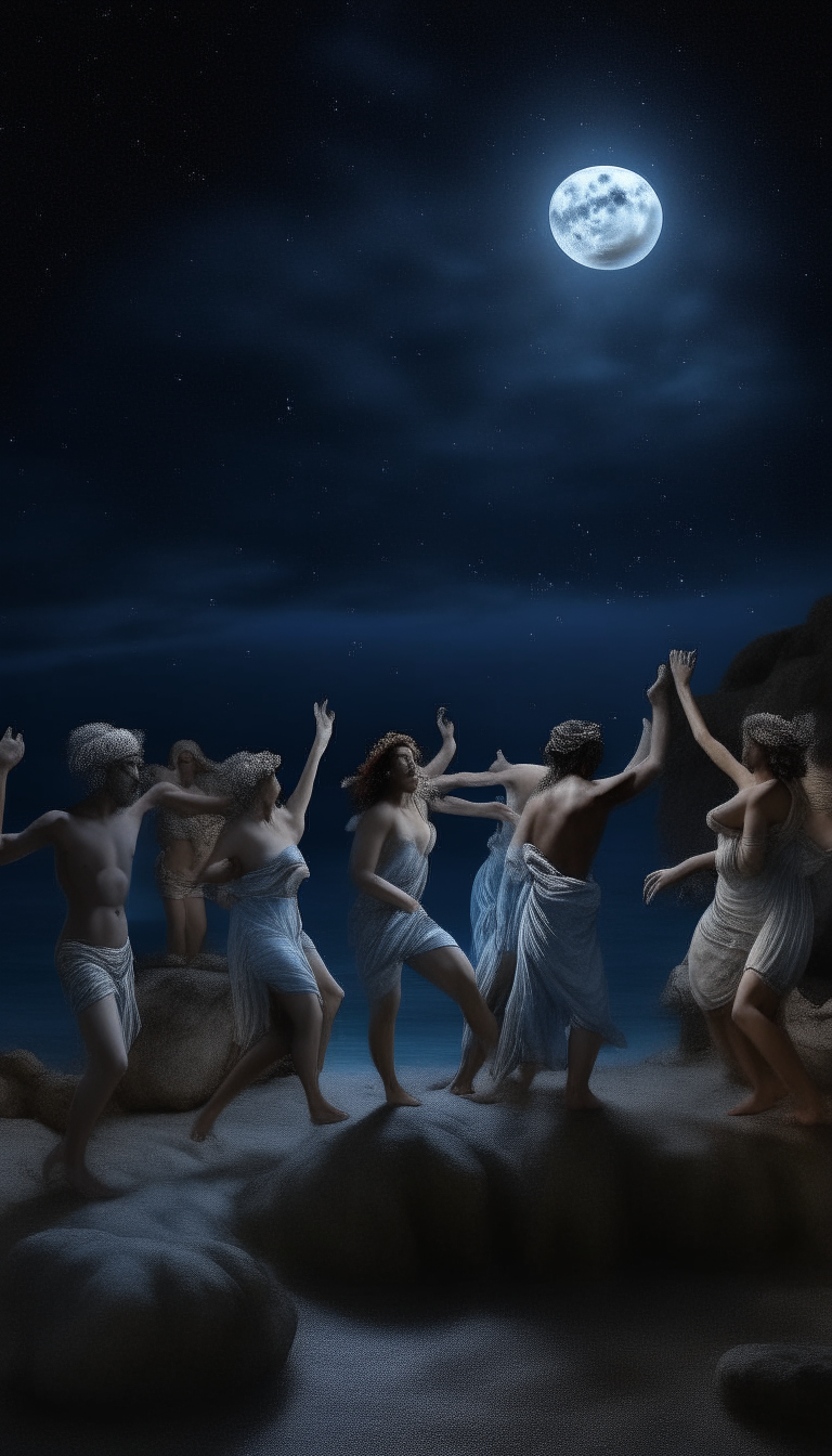 A group of ancient Greek people dancing under a full moon and stars on a rocky beach, depicted in ultra-realistic detail with mystical cosmic energy surrounding them