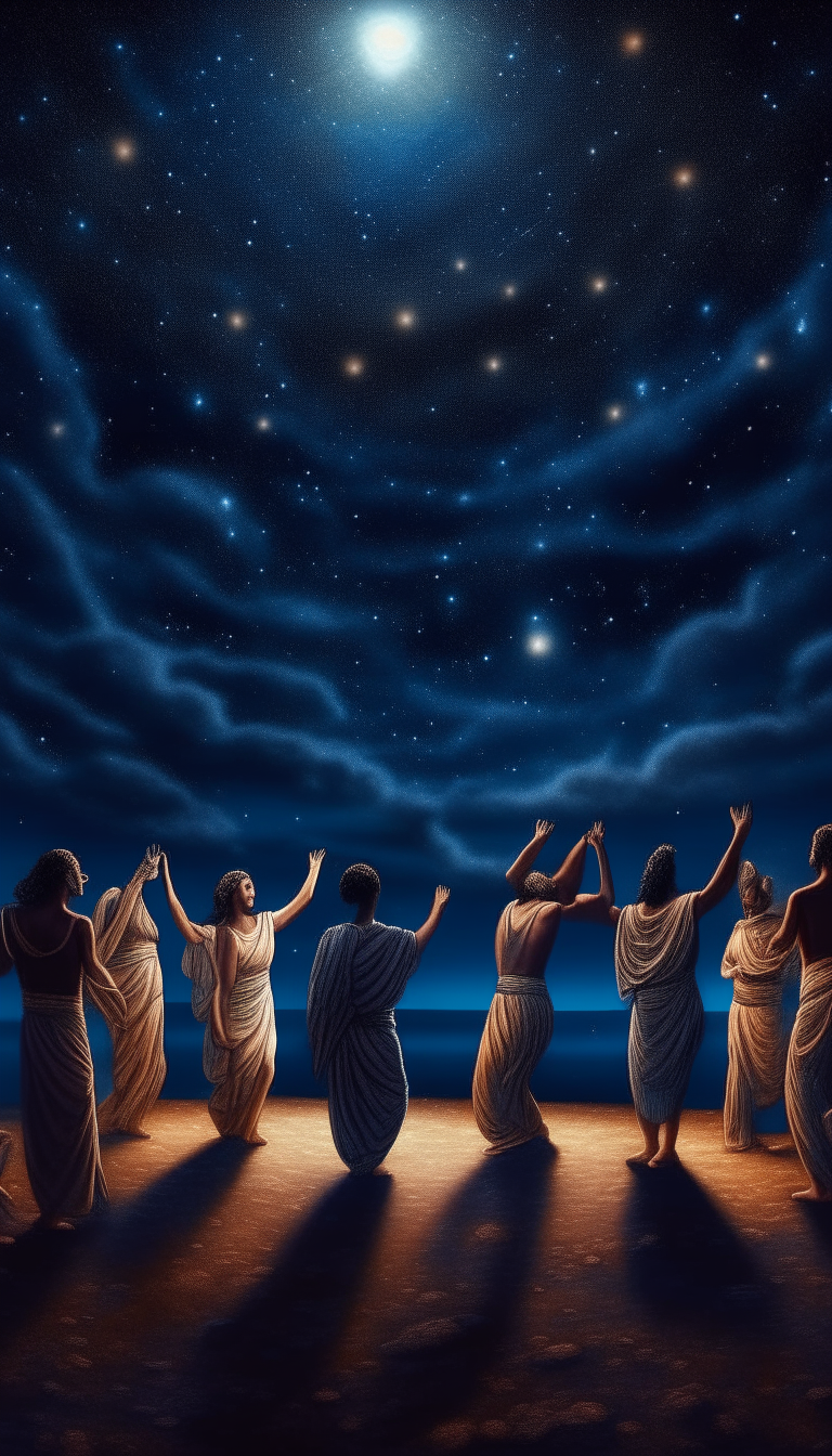 Another view of ancient Greek people engaged in a celebratory ritual dance under a dazzling night sky, shown in hyperrealistic style with spiritual otherworldly lighting