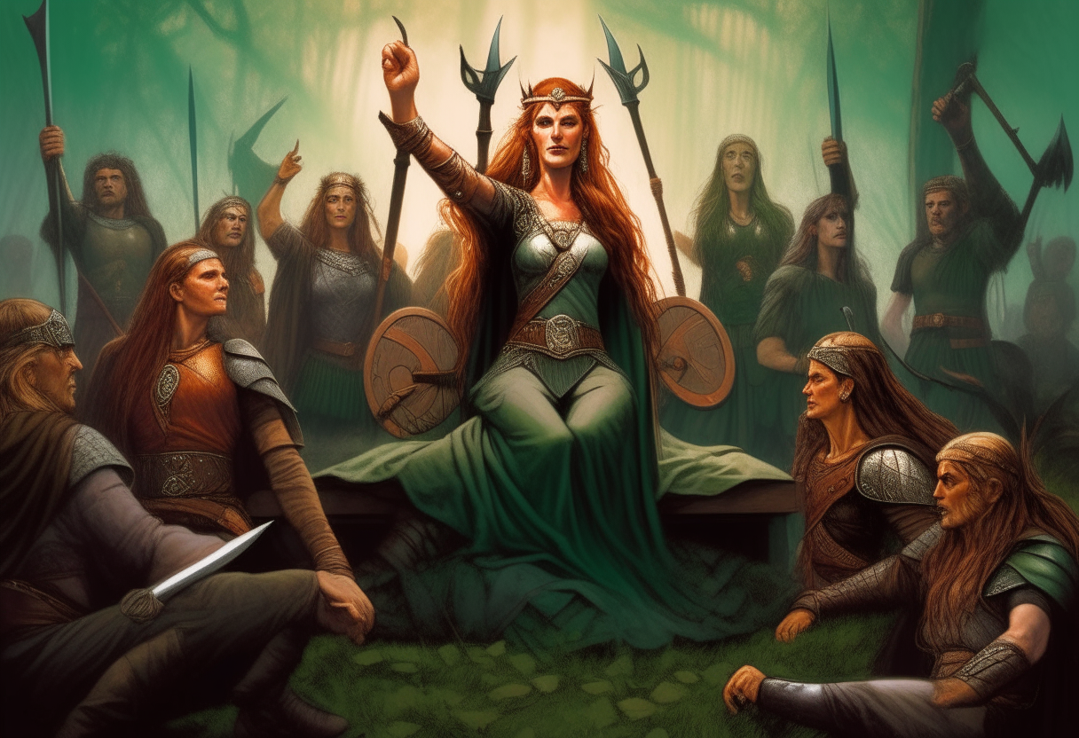 Boudica the Celtic queen gesturing dramatically, standing before seated Celtic chieftains and druids