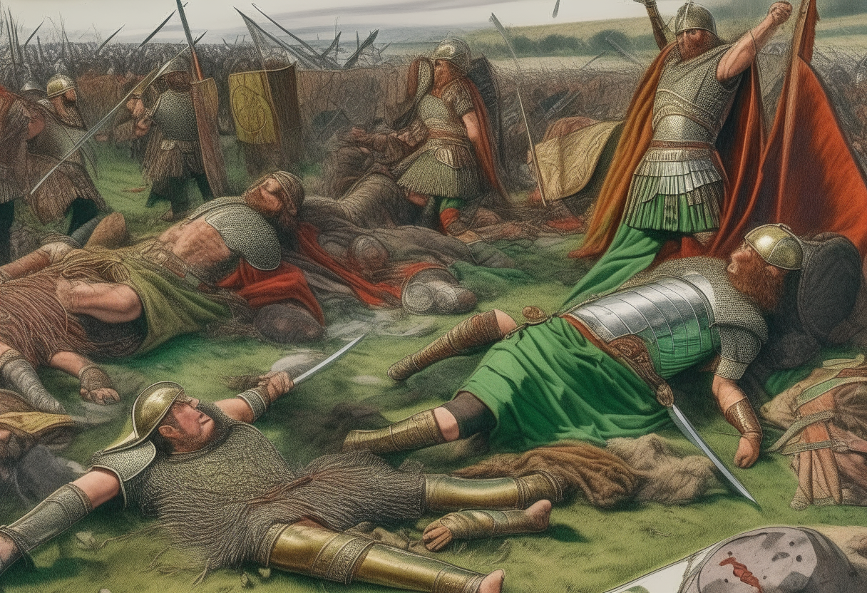 Celtic warriors laying dead and wounded on a battlefield, defeated by celebrating Roman soldiers
