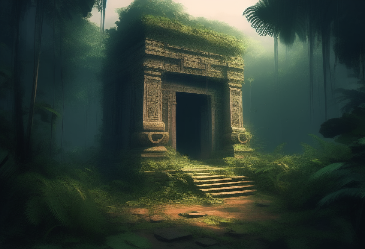 A jungle with a ruined ancient temple. The temple is surrounded by dense trees and bushes. The temple door is broken and darkness is visible from inside.