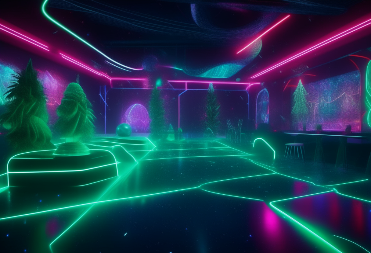 A futuristic neon-lit Christmas party under colorful lights and lasers, with festive decorations glowing in shades of purple, green and blue against a dark backdrop, photorealistic image