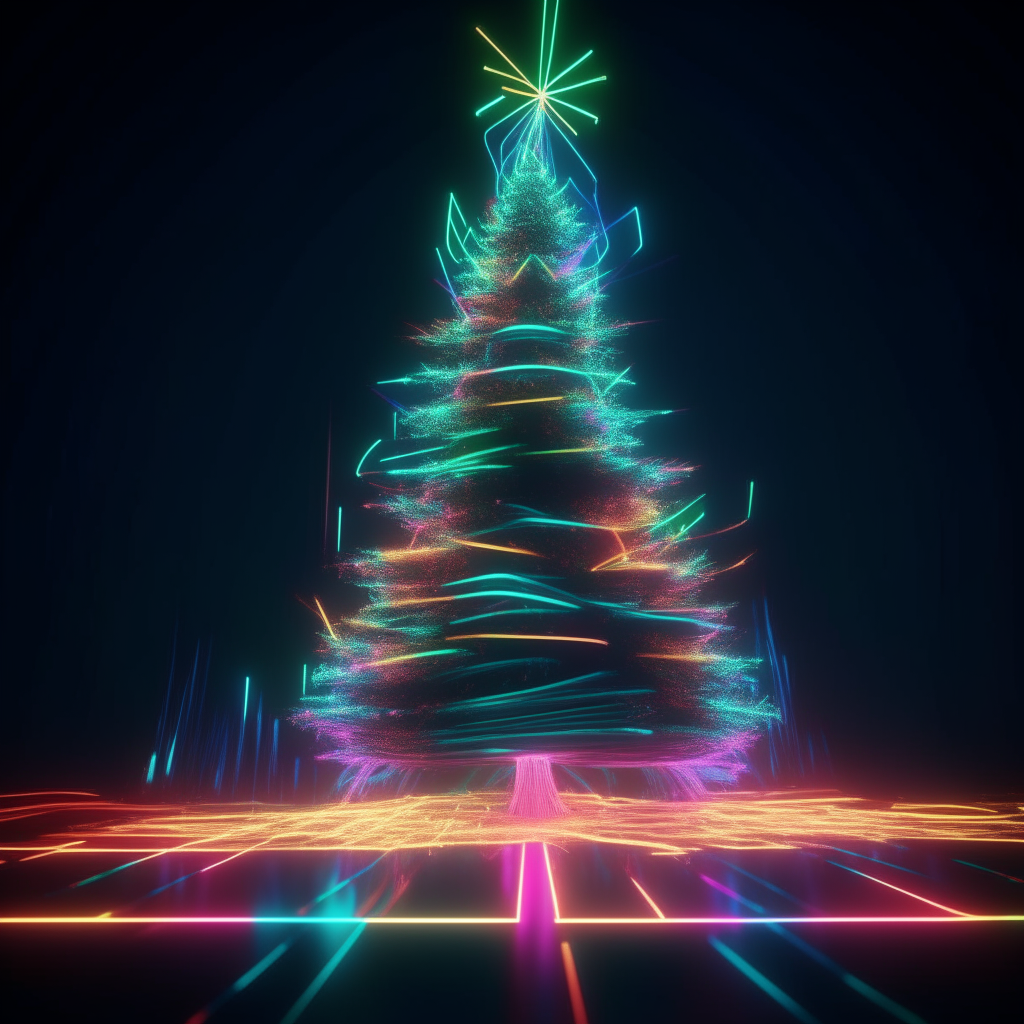 A digital art Christmas tree glowing with neon lights, colors pulsing to the beat of electronic dance music, futuristic rave scene