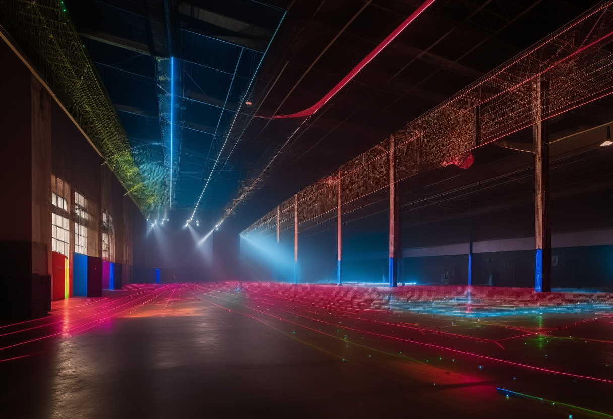 an empty warehouse decorated for a Christmas rave, colorful lights strung across the ceiling and walls, lasers and spotlights moving around the empty dance floor