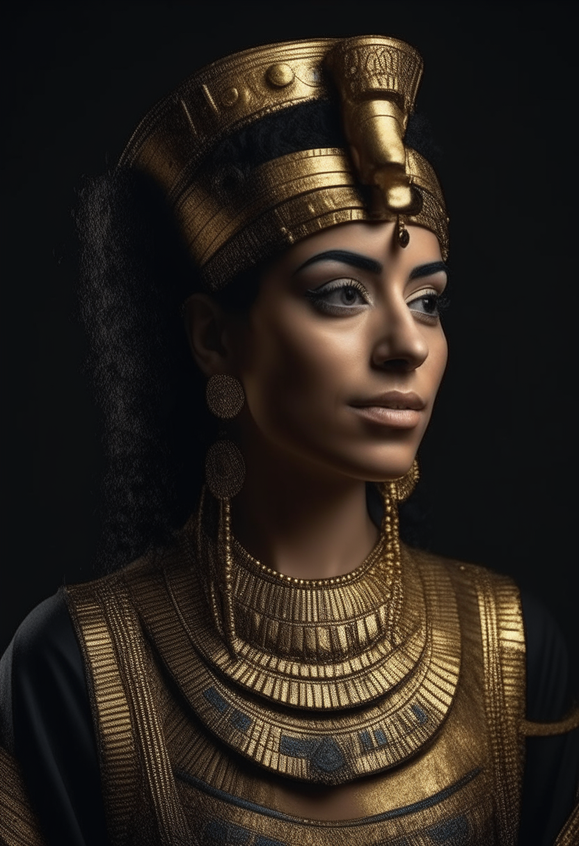 Cléopâtre, belle reine d'Égypte antique à la peau mate, cheveux noirs, vêtue d'une robe dorée et de bijoux, portrait