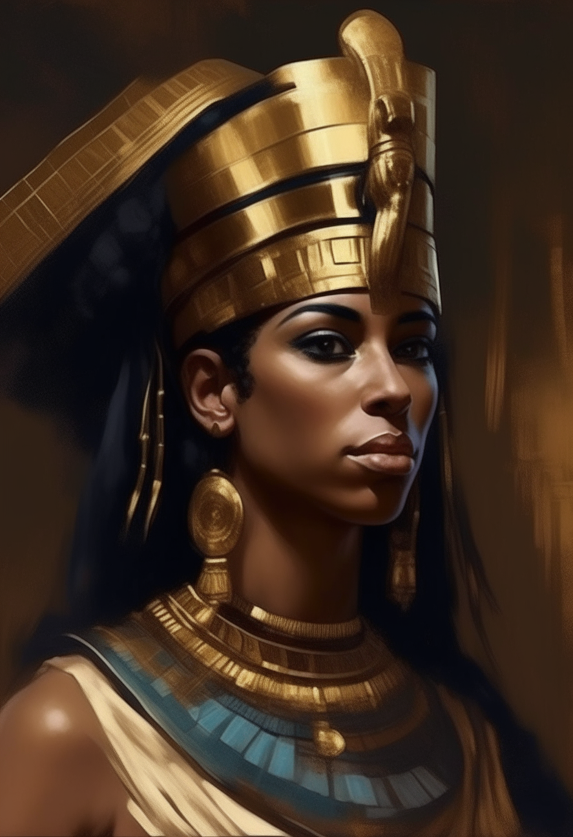 Queen Cleopatra of ancient Egypt with black skin and hair, wearing golden jewelry and headdress, portrait painting