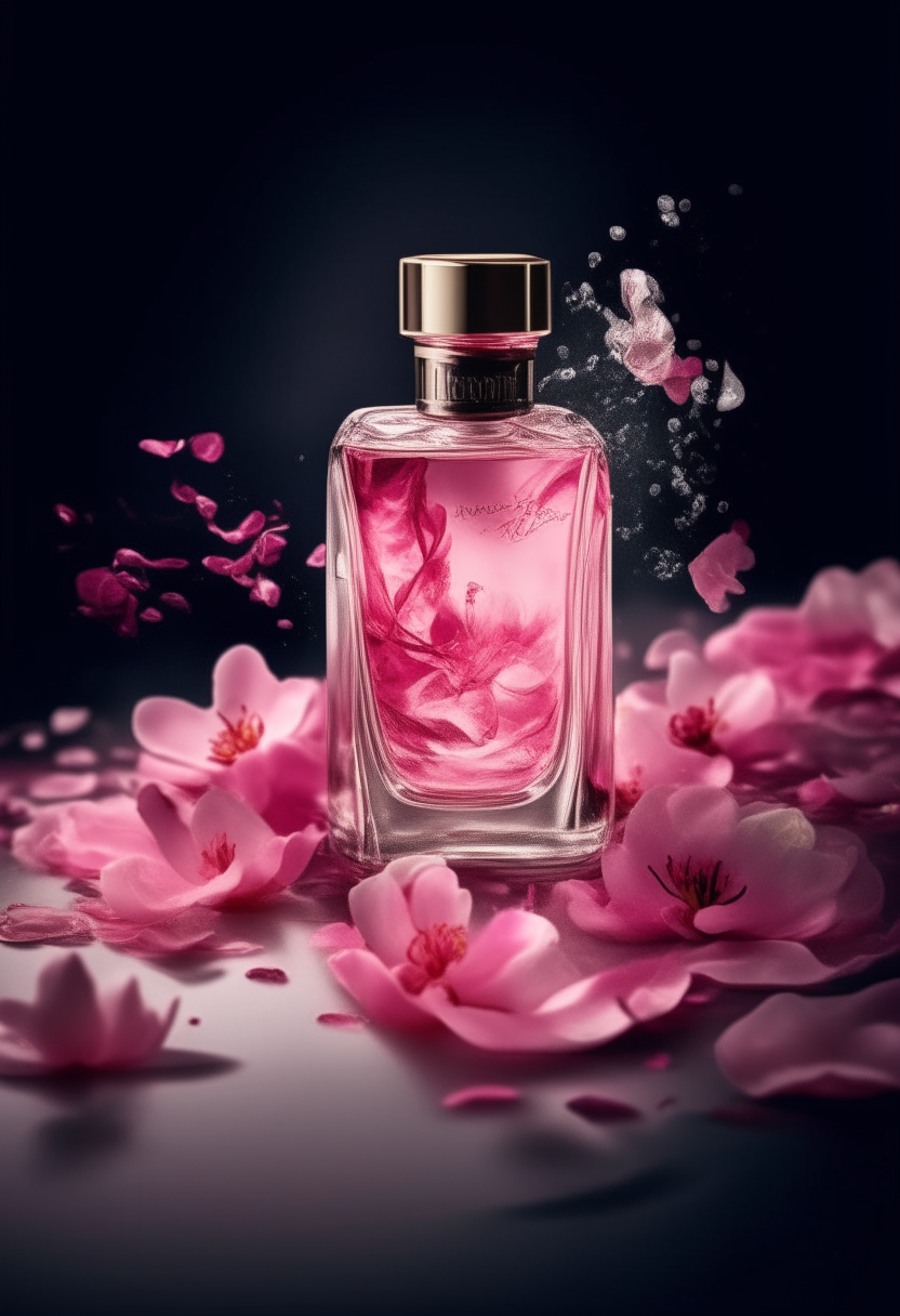 A beautiful bottle of perfume and splashes of pink and floating pinkish flowers