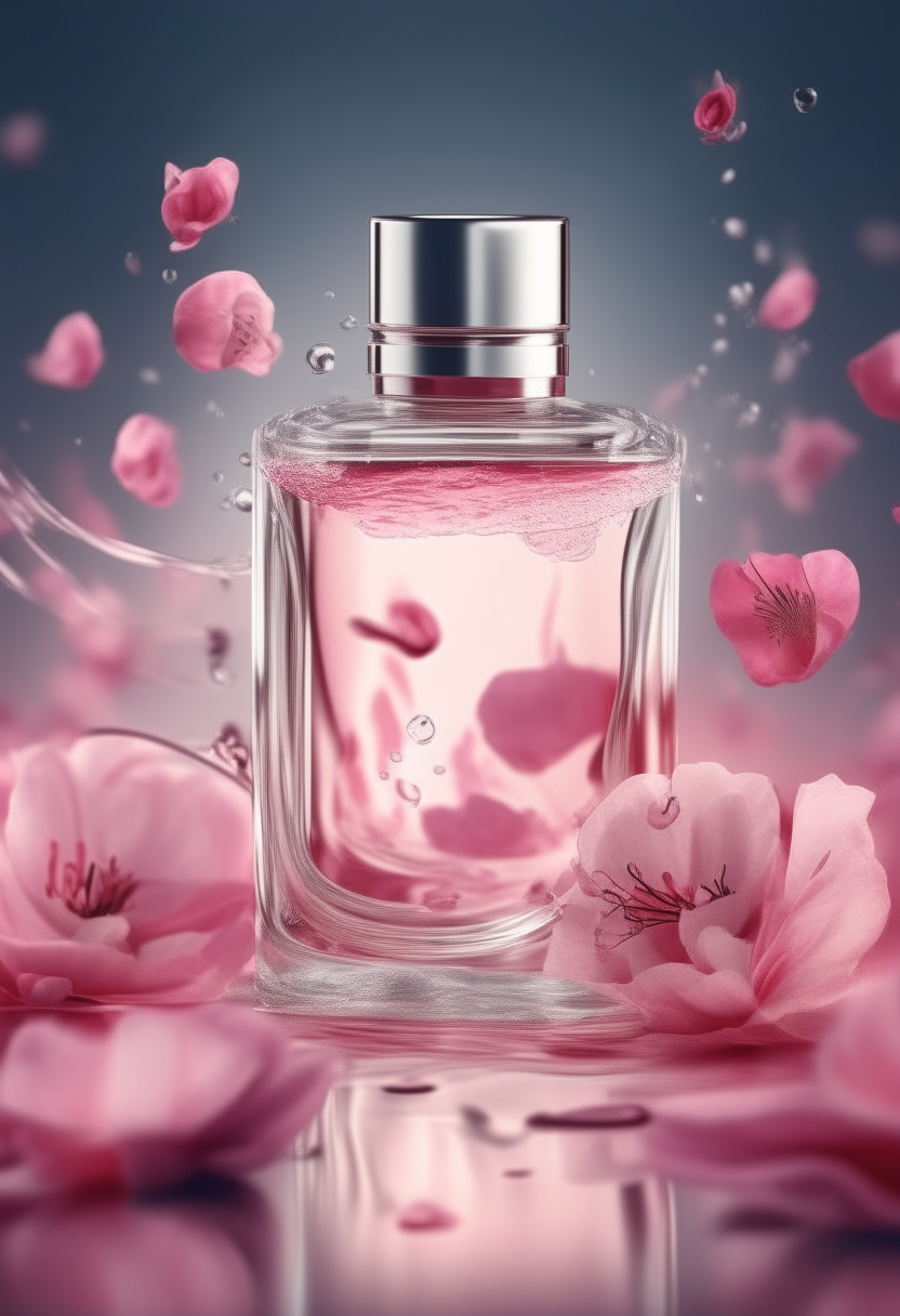 A beautiful hyperrealistic bottle of perfume with splashes of pink water in the foreground and floating pinkish flowers 