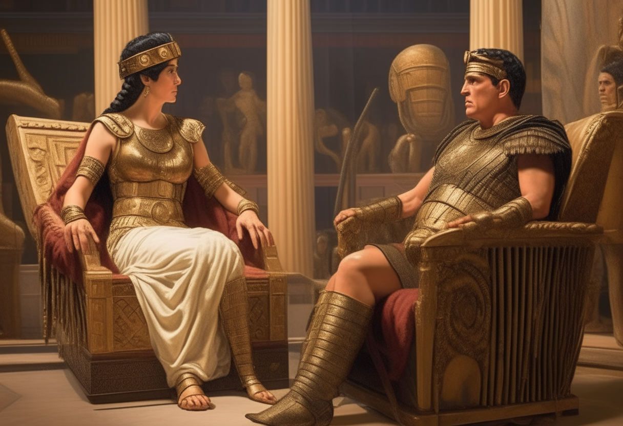 Julius Caesar as a 39 year old Roman general in armor, seated across from Cleopatra on thrones in an ancient Egyptian palace, having a pleasant conversation