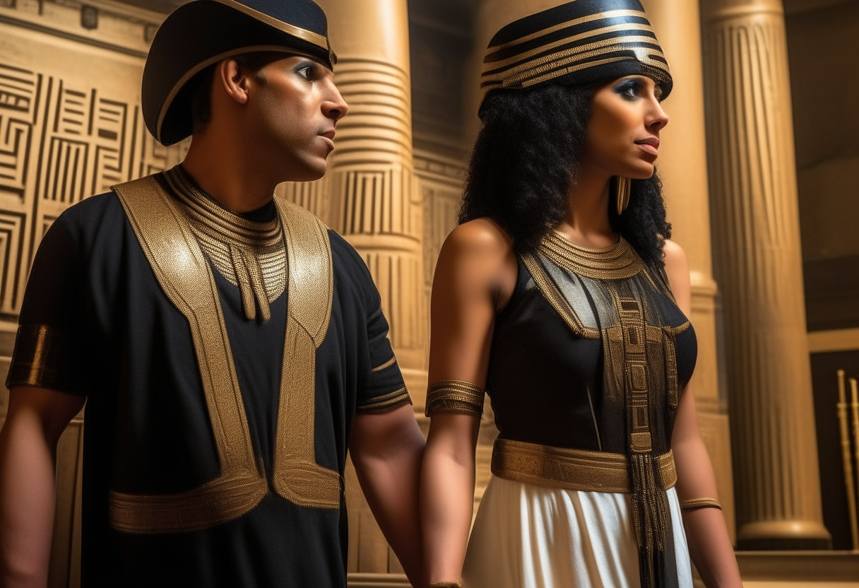 Beautiful black Cleopatra dressed in Egyptian finery, staring lovingly into Julius Caesar's eyes as they hold hands, set in an ancient Egyptian palace