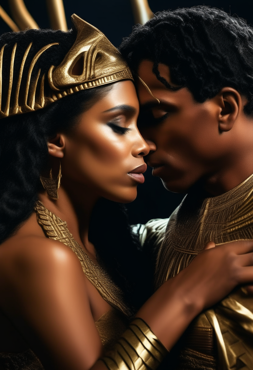 Cleopatra with dark brown skin and long black hair braided with gold, staring affectionately into Julius Caesar's eyes as they embrace