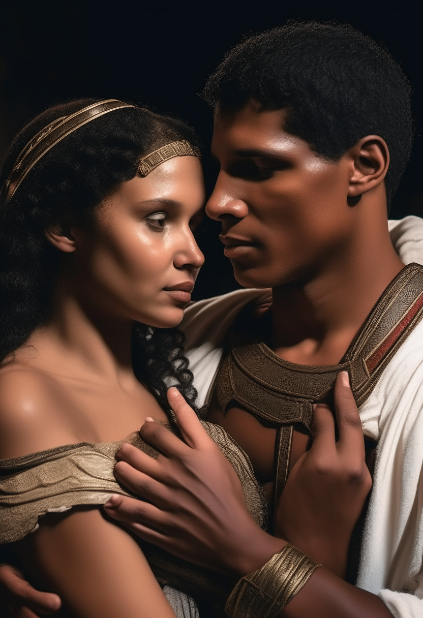 Cleopatra with brown skin embracing Julius Caesar who has white skin, both gazing lovingly
