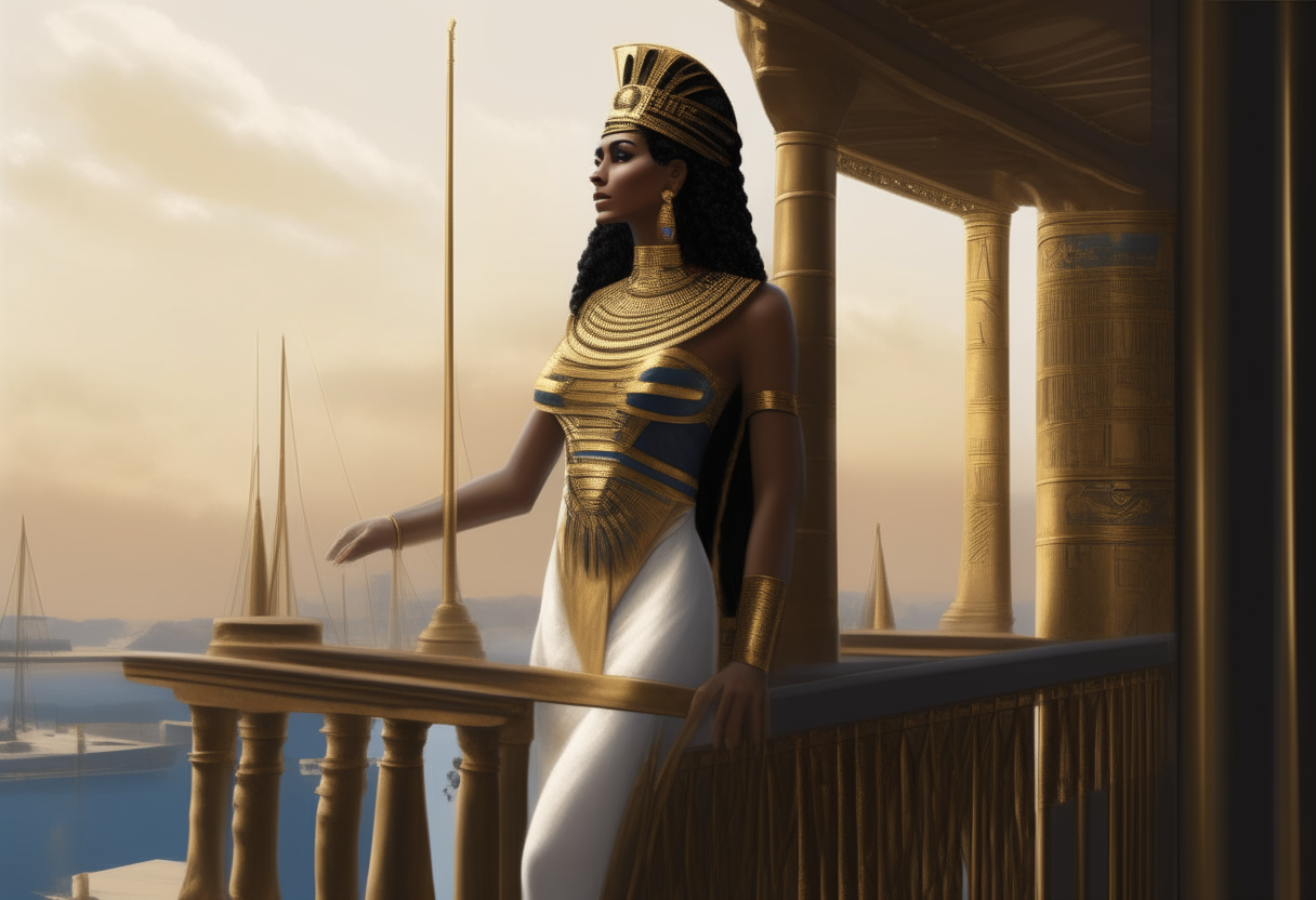 Black Cleopatra standing on a balcony of an ancient Egyptian palace, overlooking the Nile river where ships with white sails are sailing, wearing a golden headdress and gown