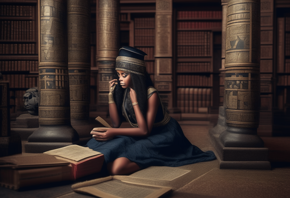 Black Cleopatra sitting on the floor of an ancient Egyptian library filled with scrolls, intently reading a mathematics scroll
