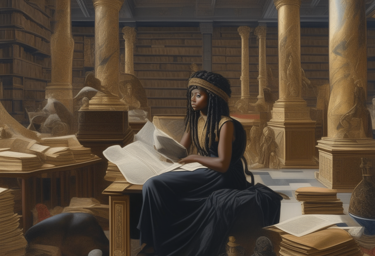 Black Cleopatra sitting amongst piles of scrolls in a grand library, studying a parchment about astronomy