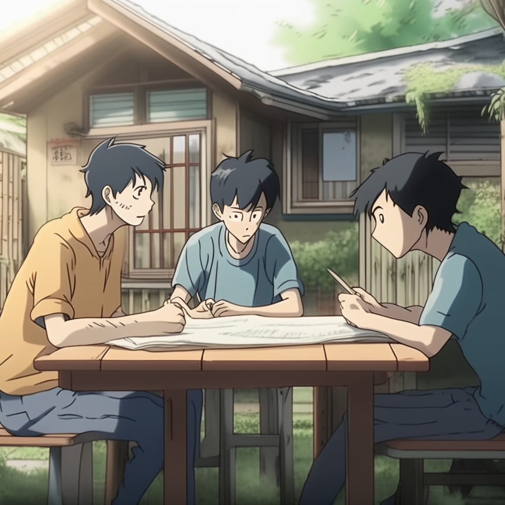 In the foreground are three young people sitting at a table in the backyard of a small one-story house.

Two guys are discussing some kind of plan or project, one of them draws something in a notebook, the second comments and asks questions. Style:anime 