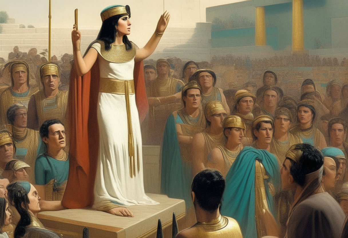 Cleopatra standing on a platform giving an impassioned speech to a large crowd of Egyptian citizens
