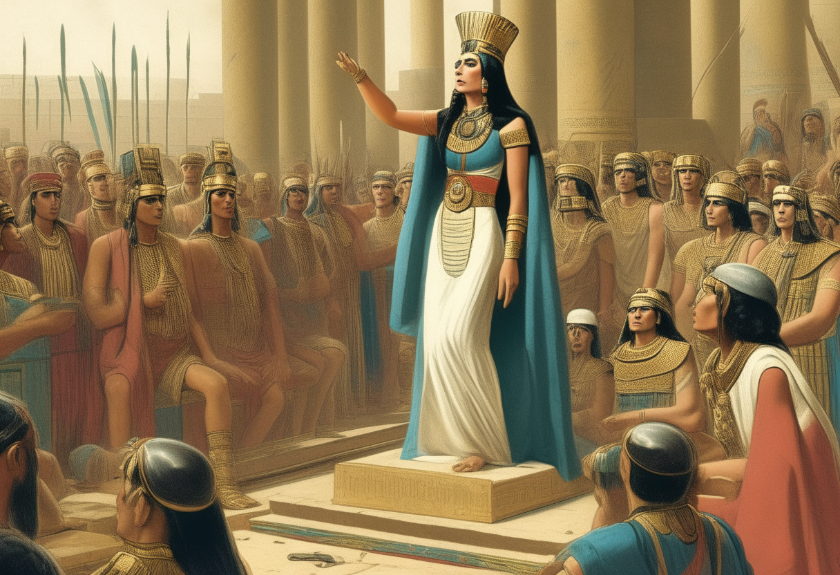 Queen Cleopatra standing on a platform, gesturing dramatically as she gives a speech to a large assembled crowd of Egyptian commoners