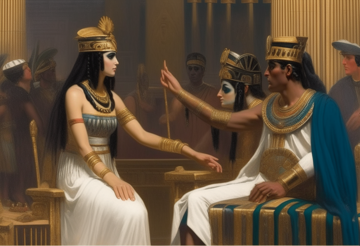Black Cleopatra wearing an Egyptian headdress greeting Julius Caesar in an Egyptian palace