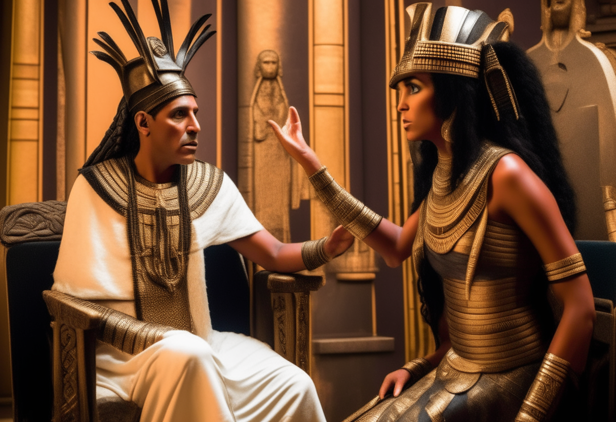 Black Cleopatra wearing Egyptian jewelry and headdress warmly greeting white Roman general Julius Caesar in an Egyptian throne room