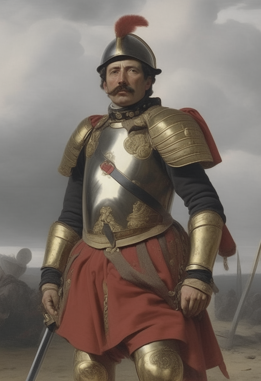 Jules César en armure de général romain, gisant au sol sans vie, dans une grande mare de sang