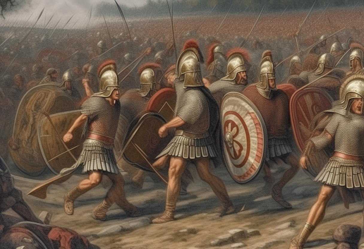 Two large Roman armies charging at each other, soldiers with shields and spears, set during the time of Emperor Octavius Augustus Caesar