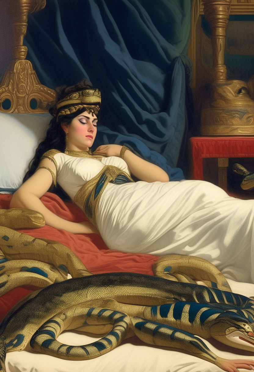 Queen Cleopatra lying in a grand bed with linen sheets, as a snake slithers onto her