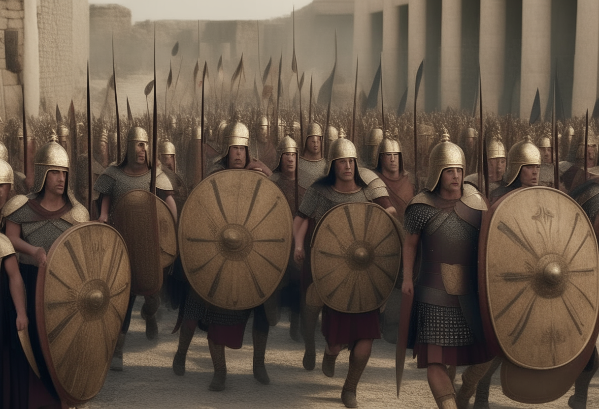 An army of Roman soldiers marching into the Egyptian city of Alexandria holding spears and shields