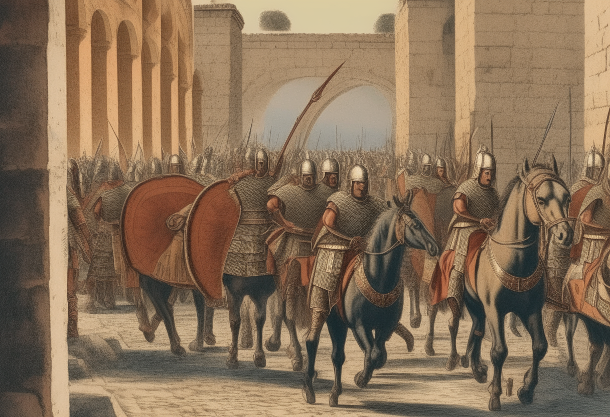An army of Roman soldiers in armor entering the gates of ancient Alexandria, Egypt led by a general on a horse