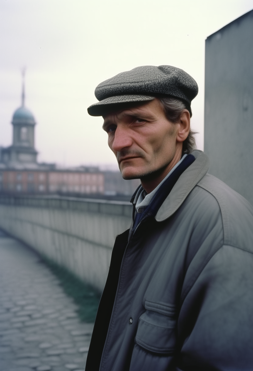 Un homme allemand regardant directement la caméra, avec une expression sérieuse. Il fait face au mur de Berlin en arrière-plan, qui s'étend à l'horizon. L'année est 1989.