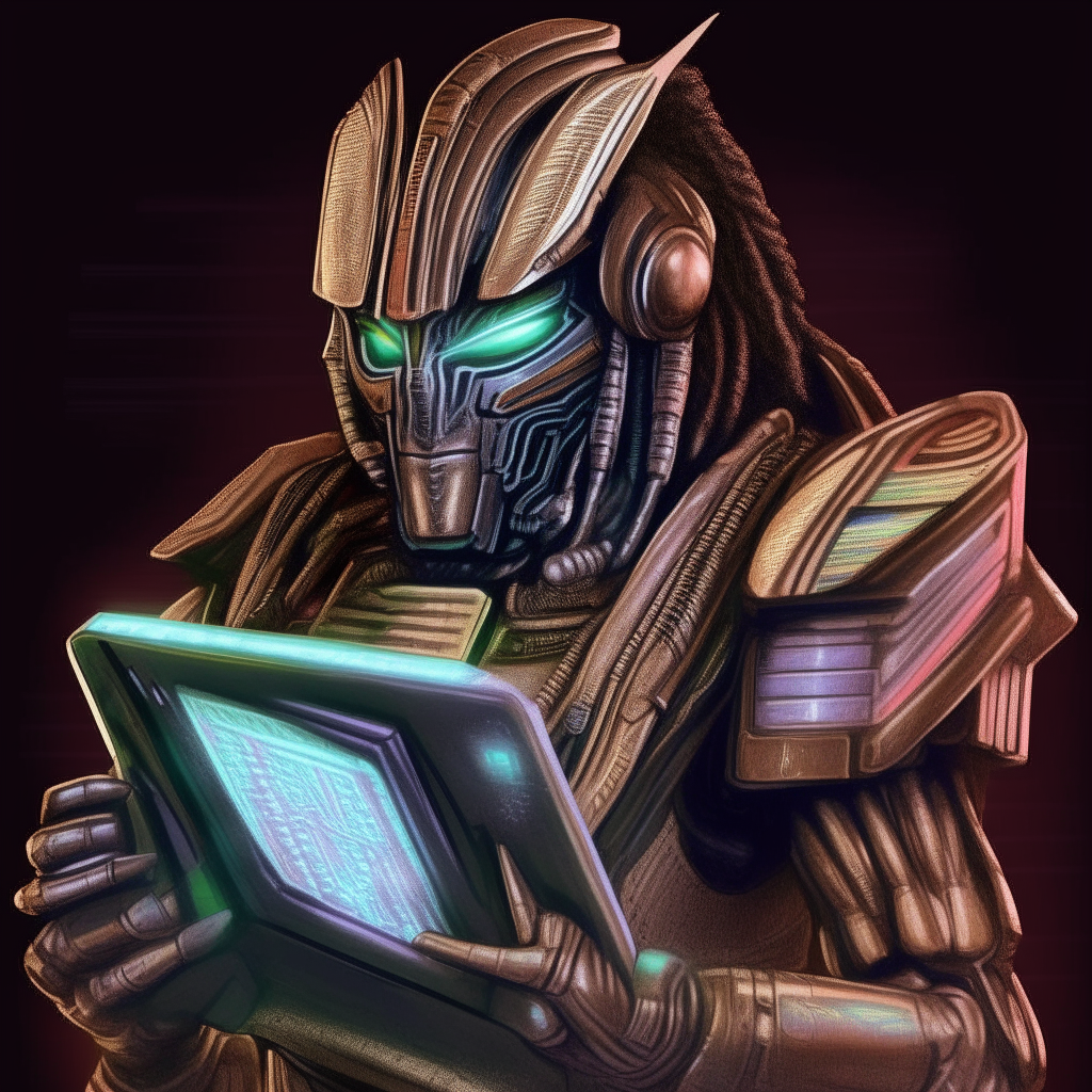 portrait of ChatGpt3.5 as Major Domo from Captain EO, stylized digital art portrait, detailed metallic armor and cape, glowing robotic eyes, holding a tablet computer