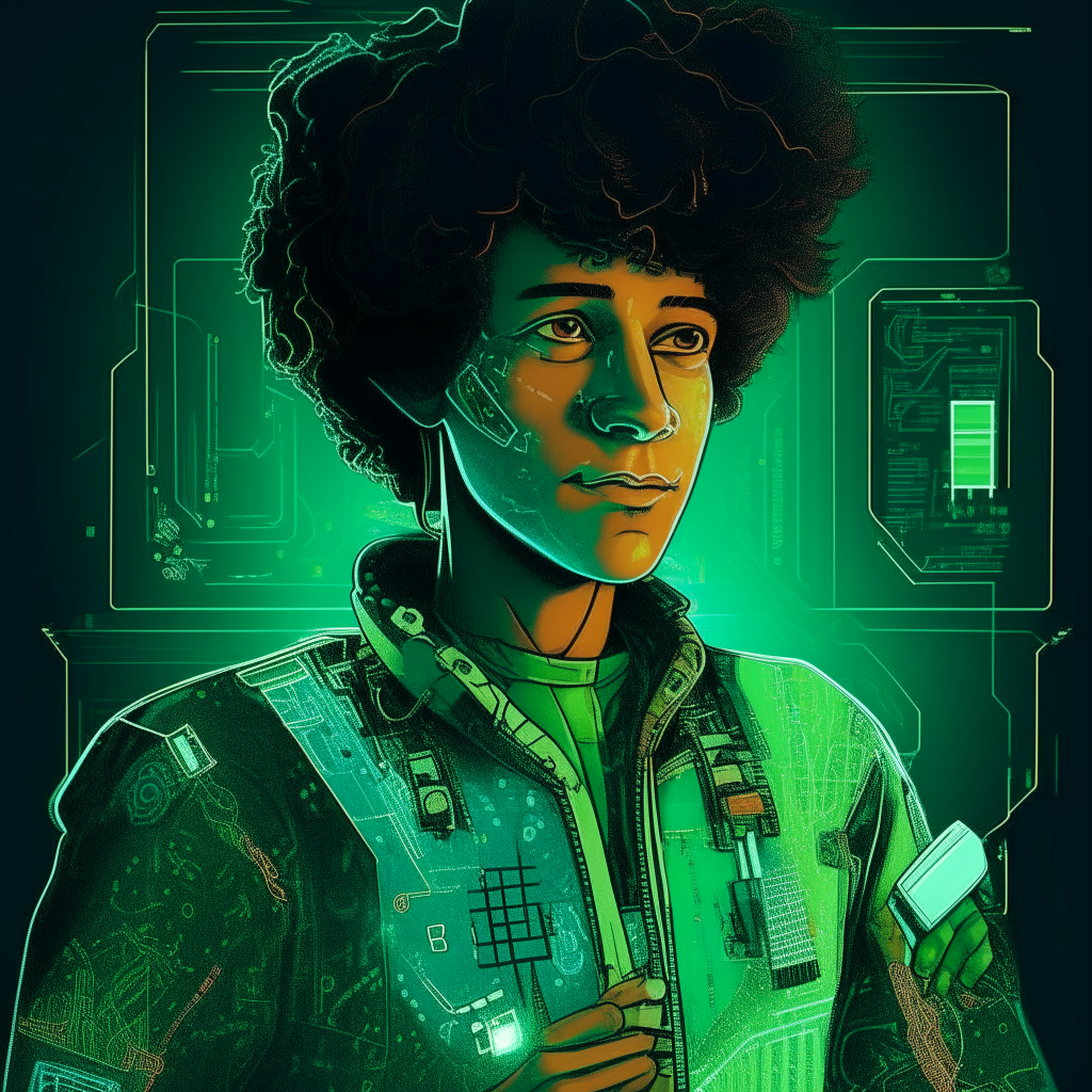 portrait of Pi.ai as Tech Guru Ody from Captain EO, stylized digital art portrait, wearing a green circuit-board patterned outfit and holding a wrench