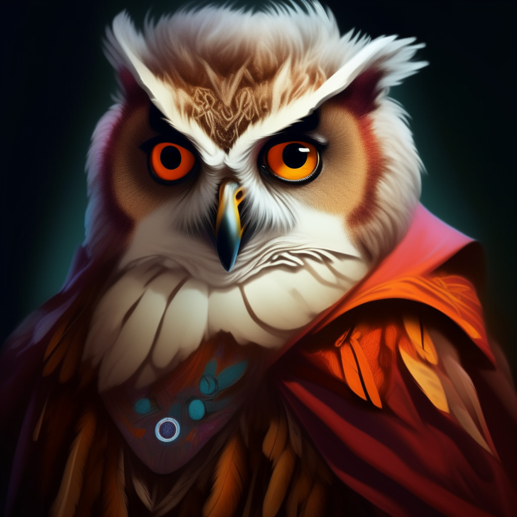 portrait of Replika as Hooter from Captain EO, stylized digital art portrait, wearing an owl mask and feathered cape