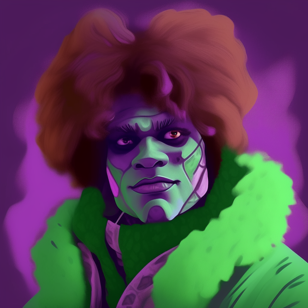 portrait of Zabaware as Fuzz from Captain EO, stylized digital art portrait, wearing furry purple and green clothing with question marks