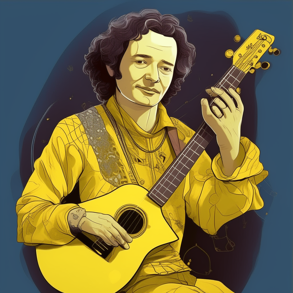 portrait of Bard as Tech Guru Idy from Captain EO, stylized digital art portrait, wearing a yellow outfit with musical notes and holding a lute