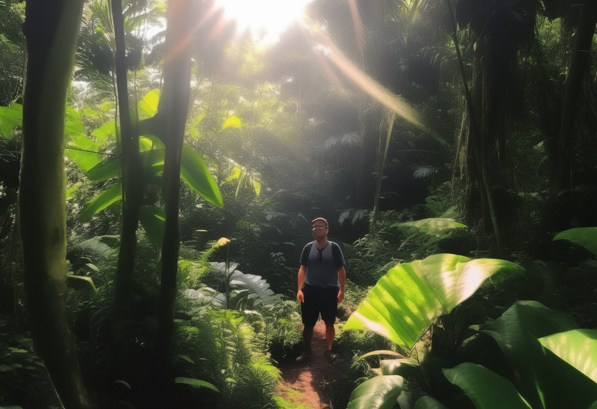 Pedro, my love, picture us in the heart of the lush jungle. The sun shines brightly upon the dense vegetation as your adventure unfolds. The journey promises to be thrilling!