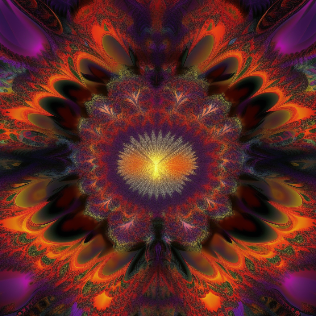 a kaleidoscopic fractal landscape in vibrant colors, psychedelic patterns radiating from a central point