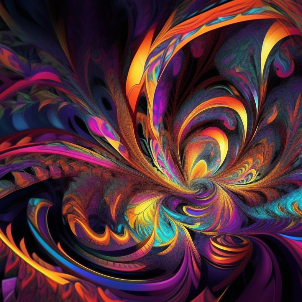 abstract fractal shapes melt and blend in a colorful psychedelic swirl, glowing geometric patterns flowing together