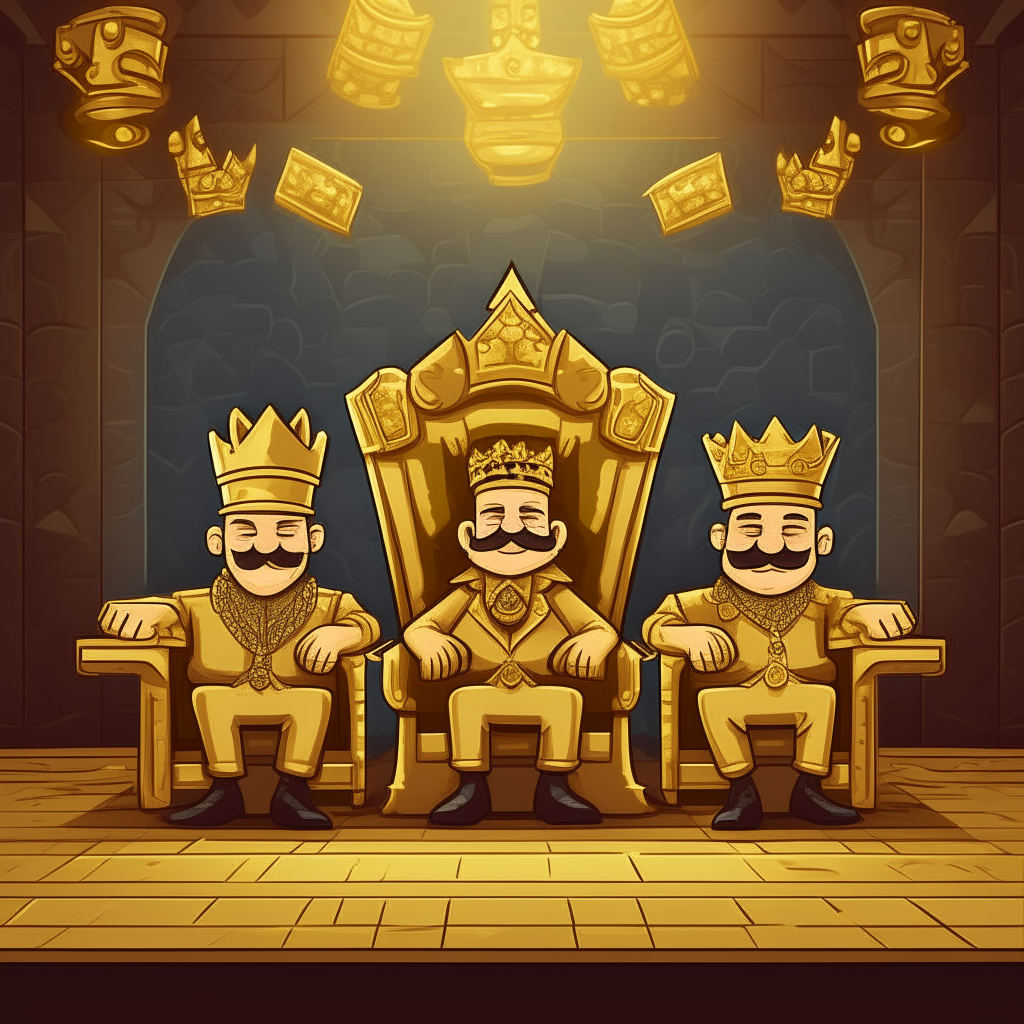 3 cartoon kings with moustaches and crowns relaxing on thrones made of gold bricks in a room full of treasure
