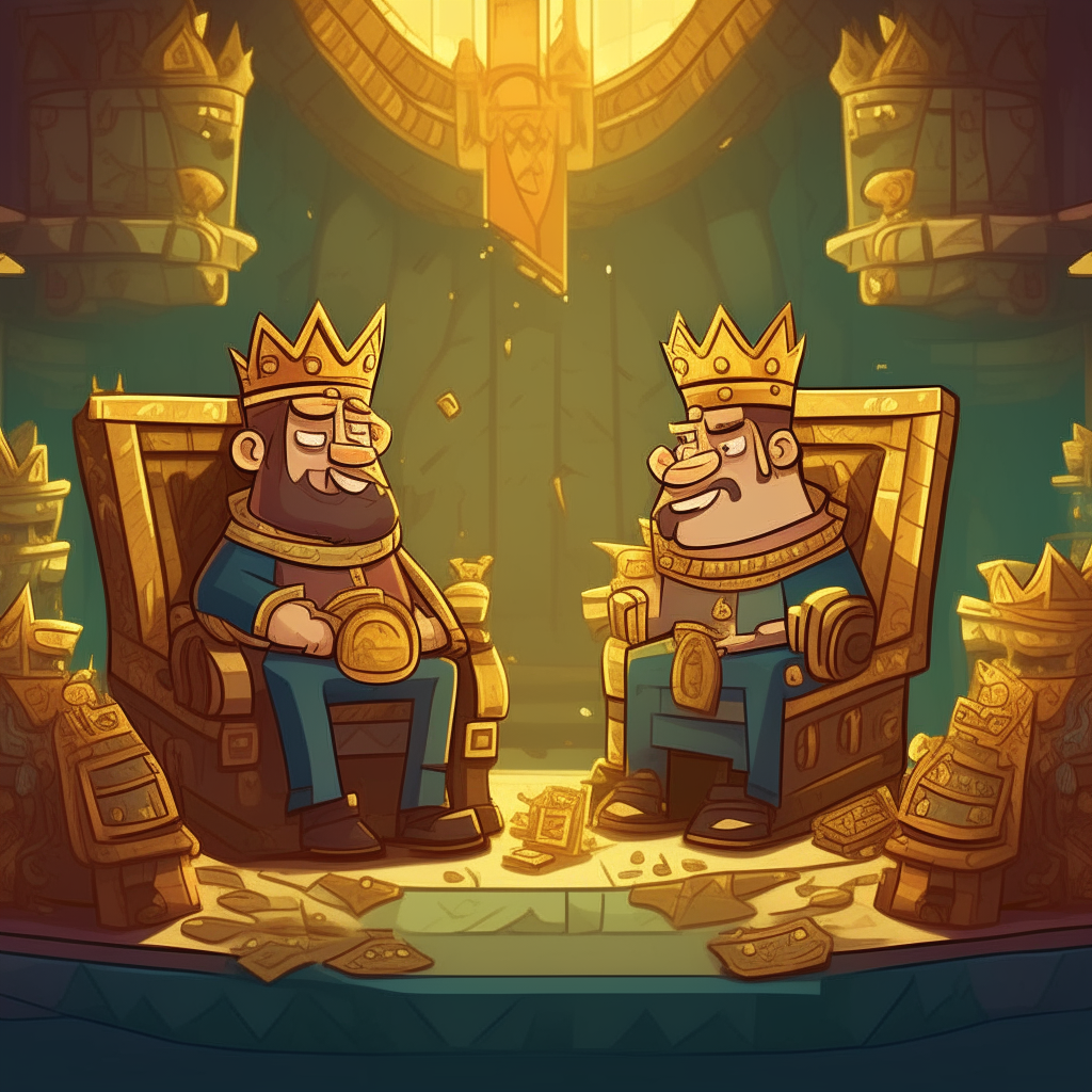 3 cartoon kings with crowns sitting on thrones in a room filled with piles of gold coins and treasure chests