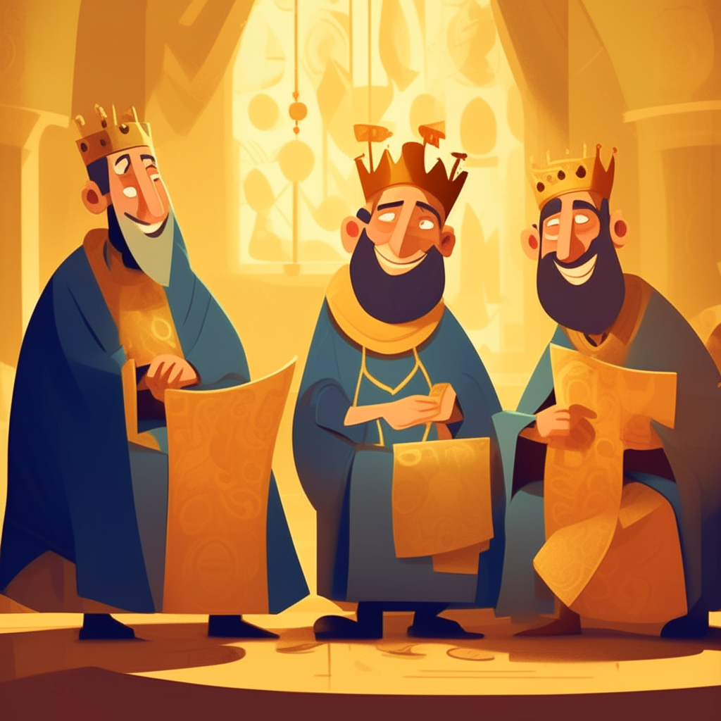 3 smiling cartoon kings wearing expensive robes and counting money in a room packed with sacks of gold coins