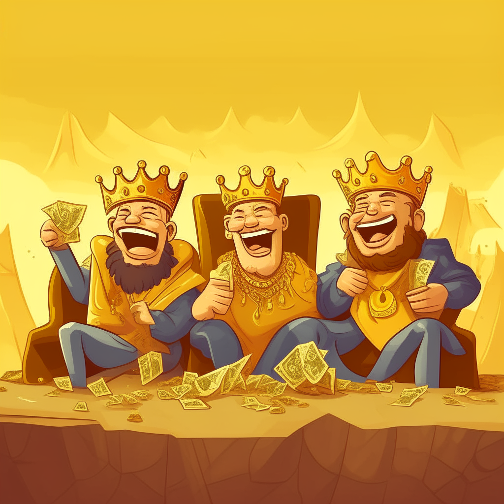 3 cartoon kings laughing while sitting on money bags in a room filled with mountains of gold bars, jewels and crowns