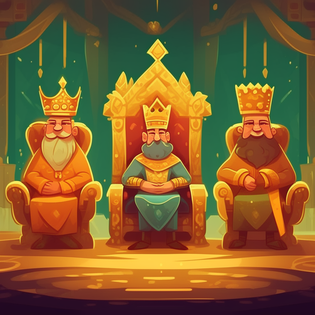 Three cartoon kings wearing crowns, sitting on thrones made of gold in a room filled with treasures