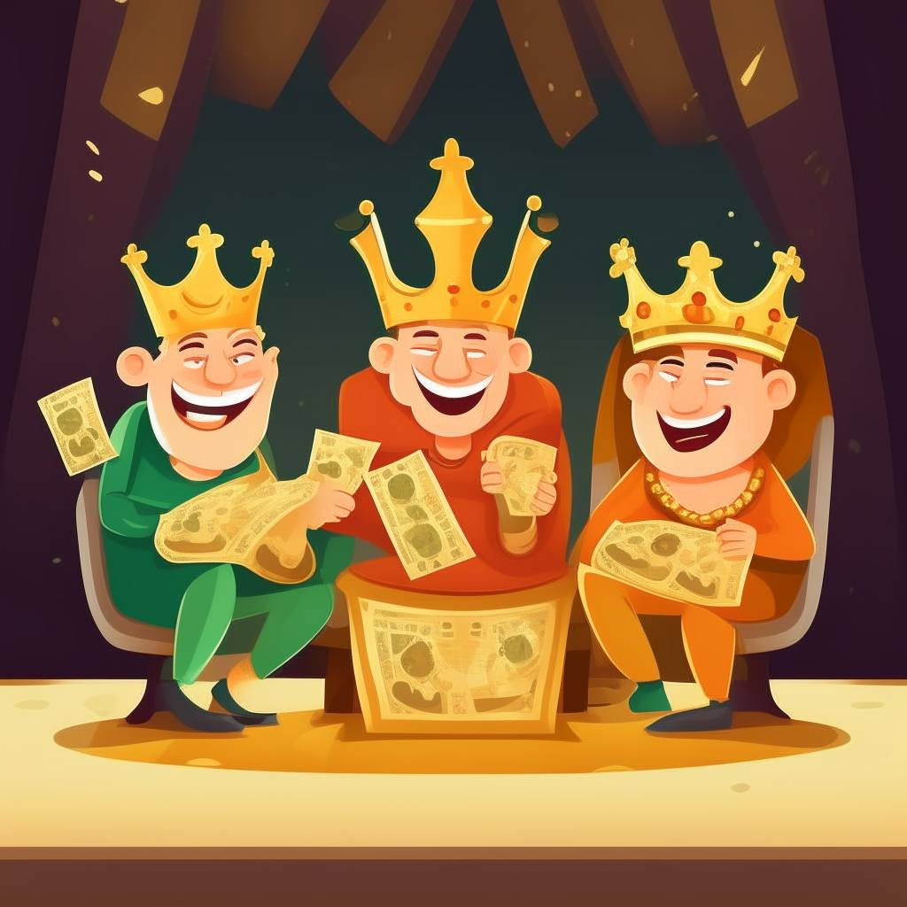 Three smiling cartoon kings with crowns, relaxing on money bags in a room packed with jewels and gold bars